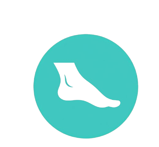 Icono circular de color turquesa con la silueta blanca de un pie humano en el centro, diseñado con líneas suaves y minimalistas para servicios de podología o spa.